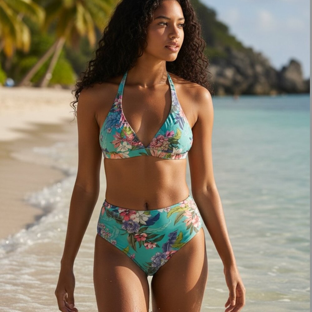 VENUS 2pc Aqua FLORAL Halter Bikini Top & High Waisted Swim Bottom Size M 10